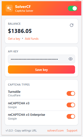 SolverCF popup — paste your API key and click Save key
