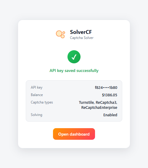 configure.html confirmation — API key saved, balance and captcha types shown